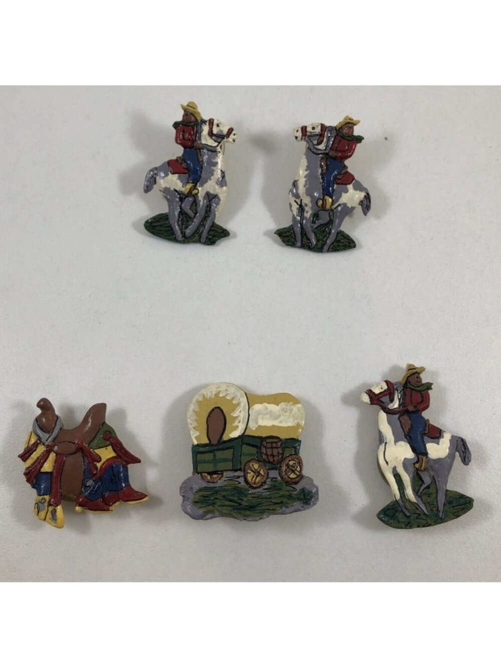 Lot of 3 Painted Wooden Cowboy Country Western Rodeo Button Covers PLUS Earrings